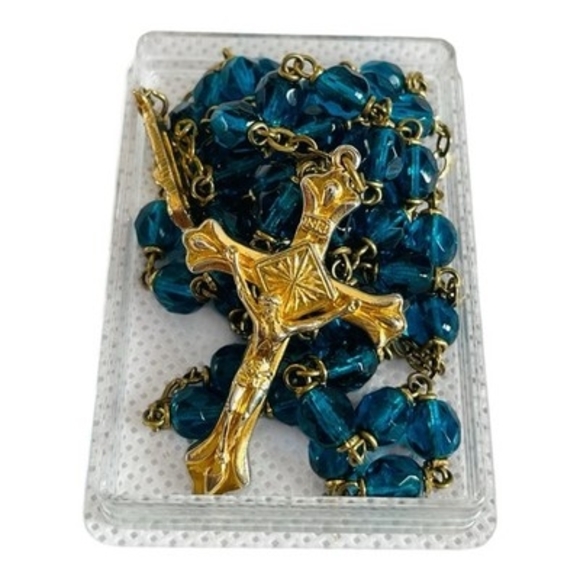 Jewelry - Vintage Medugorje Turquoise Glass Bead Rosary Necklace Gold Tone Crucifix NIB